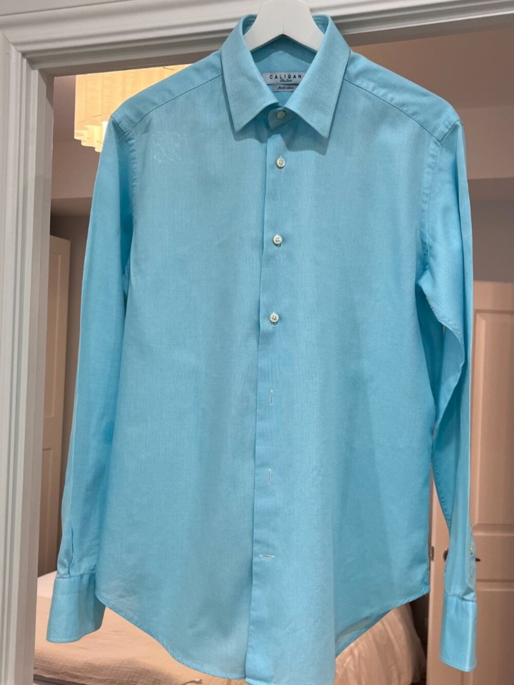 MEN'S LUXURY DRESS SHIRT, AQUA BLUE, MADE IN ITALY, SZ 39cm/15.5" NECK, USM - Picture 14 of 15